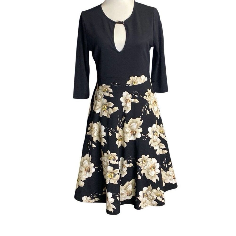 Rephyllis Women’s 1/2 Sleeve Keyhole Floral Midi Dress Black Neutral Size L